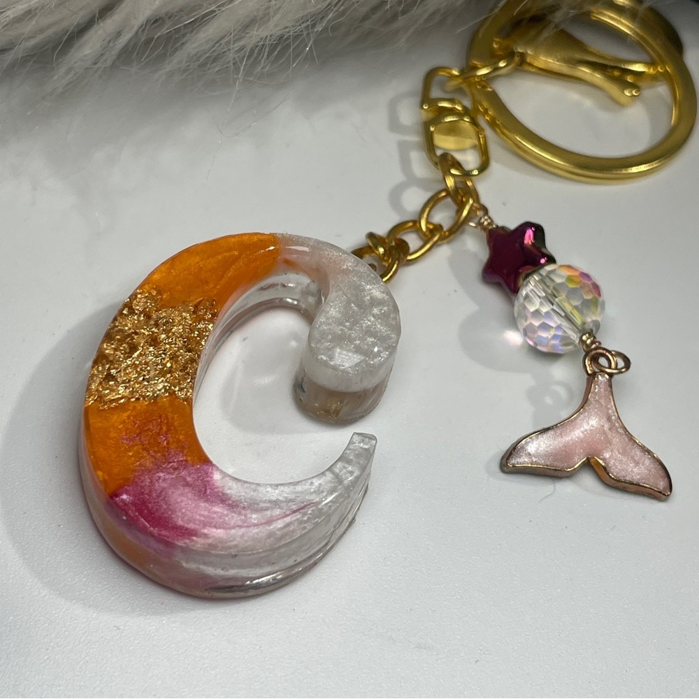 Custom Orange, Pink and Cream Letter “C” Keychain With Gold Foil Inlay - Picture 6 of 7